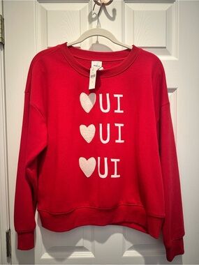 Maeve Red Crewneck Sweatshirt with White Heart "OUI" Graphic NWTs size S